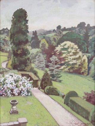 **Alfred Egerton Cooper (British, 1883-1974), "Benchams", watercolour with gouache, signed, 36cm x 27.5cm, within a gilt frame with affixed titled plaque.**Please note that Artists Resale Rights may be payable on this lot Note: Benchams is a substantial country house estate situated between the hamlets of Burrow and Southerton in South Devon. Built in 1906 for Willoughby Statham Smith, the successful undersea telegraphic cable entrepreneur, it remained his home until 1946. Cooper is known to have also painted a portrait of Smith in his study at Benchams.	