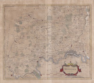 Robert Morden (c.1650-1703), "Midlesex" (Map of the County of Middlesex), late 17th/early 18th century engraving with hand-colouring on laid paper, 40cm x 45cm, within a Hogarth style frame.