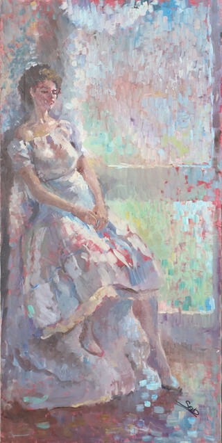 **Sherree Valentine-Daines (British, b.1959), Study of a Standing Female in an Interior Setting, oil on canvas, signed with initials, 91cm x 45cm.**Please note that Artists Resale Rights may be payable on this lot