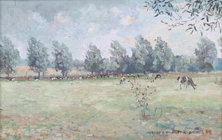 **Sherree Valentine-Daines (British, b.1959), Landscape with Cattle grazing, oil on board, signed and dated '89 recto, Park Lane Fine Arts label verso, 20.5cm x 33cm, within a painted wood frame.**Please note that Artists Resale Rights may be payable on this lot	