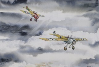 **Phil May (British, b.1925), "Fokker E III Eindecker v. Morane-Saulnier NM Bullet", watercolour with ink, signed, titled and dated '80, 33cm x 48cm, within an aluminium frame.**Please note that Artists Resale Rights may be payable on this lot	