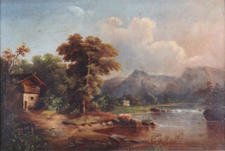 Continental School, Landscape with River, Mountains, Cottages and Figure, late 19th/early 20th century oil on board, 30cm x 45cm, within a swept gilt composition frame.	