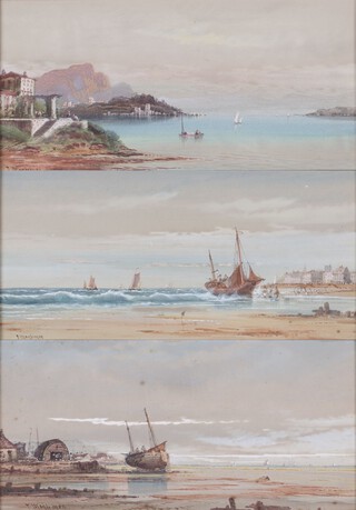 Thomas Mortimer (act.1880-1920), Coastal Scenes, three late 19th/early 20th century watercolours, each signed, all 17cm x 35cm, each within gilt composition frames.	