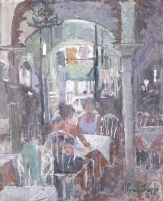 Prue Sapp (1928-2013), Restaurant in Cordoba, oil on canvas-board, signed recto, titled label verso, 59.5cm x 49cm, within a gilt frame