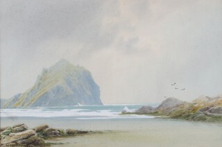 Rubens Southey (1881-1933), "Bedruthan, Cornwall", watercolour with gouache, signed recto, titled verso, 19.5cm x 29cm, within a gilt composition frame.