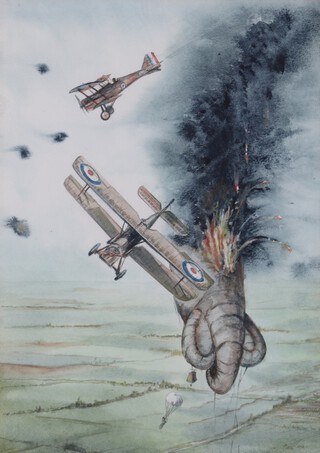 **Phil May (British, b.1925), Biplanes attacking an Airship, watercolour with gouache, 35cm x 25cm, within an aluminium frame.**Please note that Artists Resale Rights may be payable on this lot