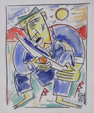 **Billy Childish (b.1959), "Man with a Mandarin & Knife", watercolour, signed with initials and dated '89 recto, title to Frances Illes Fine Paintings label verso, 26cm x 22cm, within an ebonised wood frame.**Please note that Artists Resale Rights may be payable on this lot