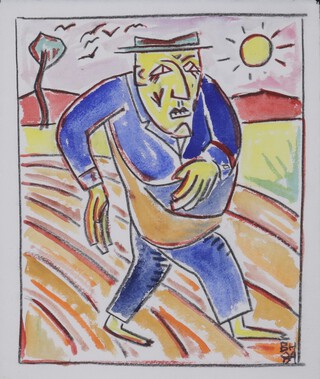**Billy Childish (b.1959), "The Sower", watercolour, signed with initials and dated '89 recto, title to Frances Illes Fine Paintings label verso, 26cm x 22cm, within an ebonised wood frame.	**Please note that Artists Resale Rights may be payable on this lot
