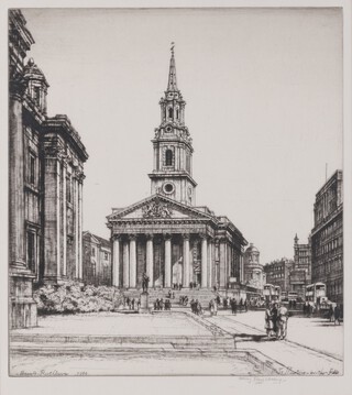 **Henry Rushbury (1889-1968), "St. Martin's-in-the-Fields", etching with drypoint, signed in pencil, dated 1944, titled label verso, 31cm x 28cm, within an ebonised wood frame.**Please note that Artists Resale Rights may be payable on this lot