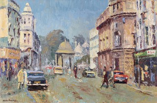 Charles Brooker (1924-2001), Street Scene of the India Gate at the Royal Pavilion, Brighton, oil on board, signed, 49cm x 75cm, within a stained wood frame.