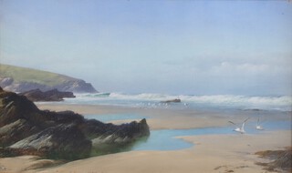 David James (1853-1904), "Fistral Bay, Cornwall", oil on canvas, signed recto, titled and dated 1900 verso, 29cm x 49cm, within a gilt composition frame.	
