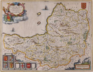 William Blaeu, "Somersettensis Comitatus. Somersetshire" (Map of the County of Somerset), 17th century engraving with hand-colouring, 38cm x 50cm, within a Hogarth style frame.	