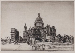 **Henry Rushbury (1889-1968), St. Paul's from Cannon Street, etching with drypoint, signed in pencil, dated 1942, 27cm x 39cm, within an ebonised wood frame.	**Please note that Artists Resale Rights may be payable on this lot