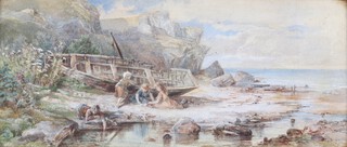 Lady Louisa Charteris (nee Keppel) (British, 1836-1930), "Grandfather's Old Boat, Coast of Kintyre", 19th century watercolour, signed and titled to label verso, 16.5cm x 38.5cm, within a gilt composition frame.