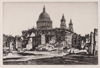 **Henry Rushbury (1889-1968), "St. Paul's" (London view of bomb-damaged buildings and St. Paul's Cathedral), etching with drypoint, signed in pencil, titled and dated 1941 to label verso, 31cm x 28cm, within an ebonised wood frame.**Please note that Artists Resale Rights may be payable on this lot