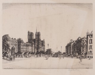 **Henry Rushbury (1889-1968), "Notre Dame from Quai des Grands Augustins", etching with drypoint, signed in pencil, titled and dated 1948 to label verso, 26.5cm x 34cm, within an ebonised wood frame.**Please note that Artists Resale Rights may be payable on this lot