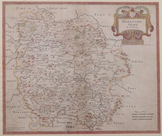 Robert Morden (c.1650-1703), "Herefordshire", late 17th/early 18th century engraving with hand-colouring on laid paper, 41cm x 48cm, within a Hogarth style frame.