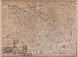 Emanuel Bowen, "An Accurate Map of the County of Kent Divided into its Lathes", 18th century engraving on laid paper, 54cm x 72cm, within a stained wood frame.