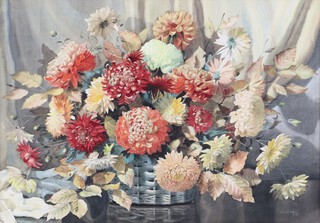 Jack Carter (1912-1992), Still Life with Dahlias and Chrysanthemums in a Basket, watercolour, signed and dated '55, 52cm x 74cm, within a painted wood frame.	