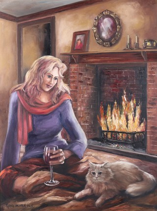 Riana Vorster (South African, Contemporary), Interior Scene with Figure and Cat near an open Fire, oil on canvas, signed and dated '04, 100cm x 75cm, within a painted wood and gilt frame.