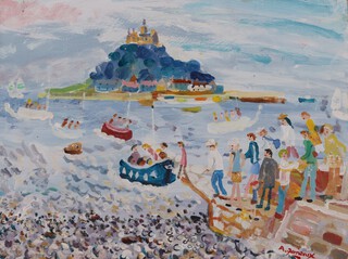 **Alan Furneaux (British, b.1953), "Catching the Ferry to St. Michael's Mount", acrylic on board, signed recto, titled and dated 2021 verso, 30cm x 40cm.**Please note that Artists Resale Rights may be payable on this lot