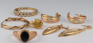 A 9ct gold and 7 (ex 8) diamond set ring size M, a 9ct gold ring set an oval hardstone size M, 2 single earrings and 2 pairs of earrings  
