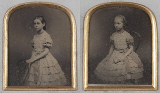 A pair of 19th century daguerreotype portraits of young girls, each 8cm x 6.5cm, both within matching gilt composition frames.