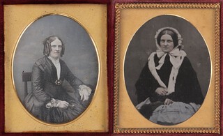 Two 19th century daguerreotype portraits of a Lady, each 5.5cm x 4cm, both within gilt mounts and hinged leather cases.