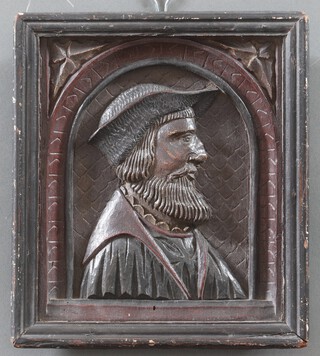 A 16th/17th century carved and polychrome painted Romayne oak relief portrait in profile set inside a carved arch, 29cm x 26cm, within an ebonised wood frame, purportedly from Bindon Abbey in Dorset. Provenance: Colonel William Woodforde of Ansford House, Somerset, thence by descent to George Augustus Woodforde (1801-1877). References: Proceedings of the Somersetshire Archaeological and Natural History Society, vol. VII, p.21.