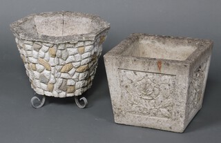 A well weathered square concrete garden urn with Tudor rose decoration 30cm h x 36cm and an octagonal ditto 35cm h x 40cm w x 40cm d  