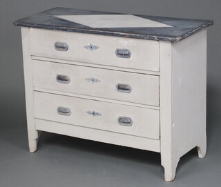 A 19th Century grey painted Continental pine chest of 3 drawers 84cm h x 109cm w x 49cm d