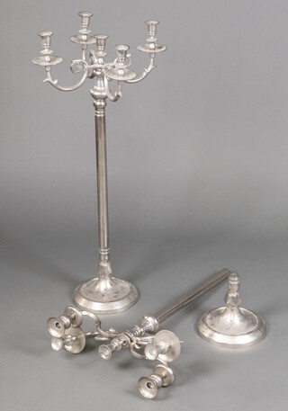 A pair of floor standing chrome candelabrum 102cm h (1 thread is loose), together with a white painted ditto 80cm h 