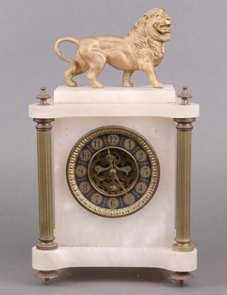 A mantel timepiece with visible escapement, contained in a marble effect case surmounted by a figure of a lion 