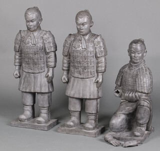 Two terracotta figures of standing warriors 85cm h and 1 other of a kneeling warrior 66cm h  (a/f) 