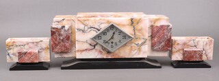 An Art Deco 3 piece clock garniture comprising timepiece with 17cm diamond shaped silvered dial and Arabic numerals contained in a 2 colour marble case 19cm h x 48cm w x 11cm d, with 2 rectangular side urns 