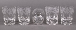 Five 19th Century glass tumblers etched ears of corn, the base etched a hangman "The Last Drop"  