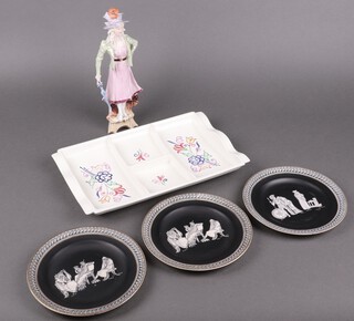 A Poole Pottery rectangular 4 section hors d'oeuvres dish 33cm, a 19th Century porcelain figure of a standing lady, 3 Prattware plates with Grecian decoration 18cm (1 cracked) 