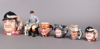 A Royal Doulton figure Huntsman 2492, a large Royal Doulton character jug Gone Away (second), 3 Royal Doulton character jugs - Rip Van Winkle, The Poacher, Gone Away and 1 other jug - Sherlock Holmes  