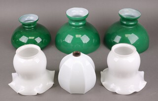 Three green opaque glass light shades, 3 white ditto and various fittings 