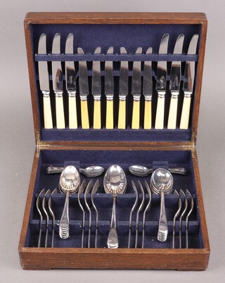 A Mappin & Webb 44 piece canteen of Old English pattern flatware comprising 2 serving spoons, 6 dinner knives, 6 dinner forks, 6 soup spoons, 6 pudding spoons, 6 pudding forks, 6 tea spoons and 6 tea knives in an oak box 
