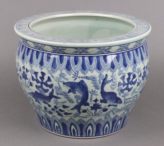 An Oriental blue and white jardiniere/fish bowl decorated carp 23cm x 31cm 