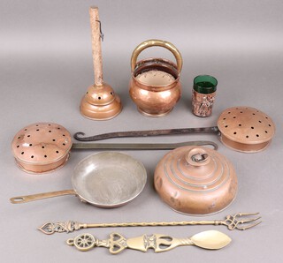 A 19th Century copper washing dolly, a circular 19th Century copper foot warmer, a spittoon, 2 chestnut roasters and a collection of copper ware