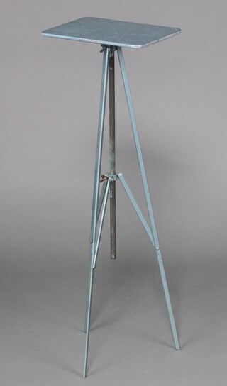 A 20th Century industrial blue painted metal and plywood projector stand 96cm h x 31cm w x 24cm 