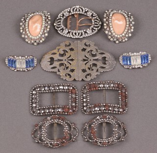 A shoe buckle set brilliants, 2 steel shoe buckles and a pierced silver plated nurses buckle 