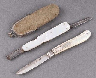 A Victorian silver bladed folding fruit knife with mother of pearl grip London 1879 and a Balfour 2 bladed folding pocket knife (1 blade f) and with file 