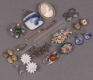 An oval shell carved cameo portrait brooch, a micro mosaic brooch (hinge a/f) and a quantity of costume jewellery 