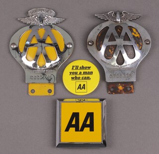 A Guernsey AA beehive radiator badge no. 0G02749, 1 other beehive radiator badge, an AA badge 