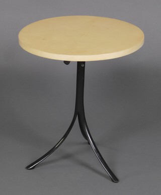 A mid-century circular wine table with yellow painted top on a metal base 47cm h x 40cm diam. 