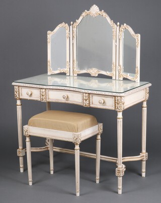 A Louis style dressing table with triple mirror, fitted 3 drawers, raised on turned and fluted supports 140cm h x 105cm w x 49cm d together with a matching dressing table stool 