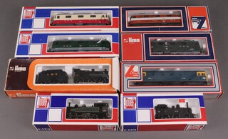 A Lima locomotive and tender 1701M, a Lima double headed locomotive 5114MWG, 2 Lima overhead electric locomotives 8048L and 8046L, 2 Jouef tank engines 8292 and 8295, 2 ditto overhead electric engines 8856 and 8857 